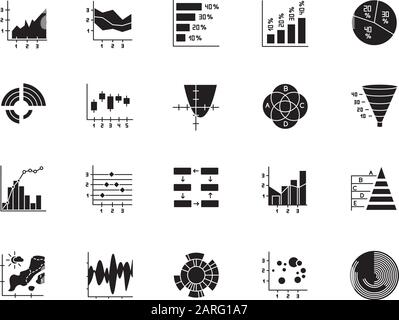 Chart and graph glyph icons set. Pie diagram. Histogram. Area chart. Venn diagram. Pareto curve. Temperature map. Polar watch. Scatter chart. Silhouet Stock Vector