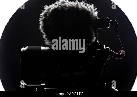 Digital camera with video microphone mounted on a gimbal. Youtuber streaming gear. Stock Photo