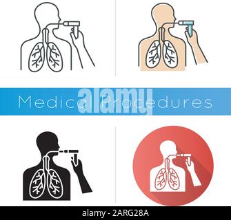 Bronchoscopy icon. Airway check. Lung cancer risk examination. Medical procedure. Chest endoscopy. Anatomy check. Illness diagnosis. Flat design, line Stock Vector