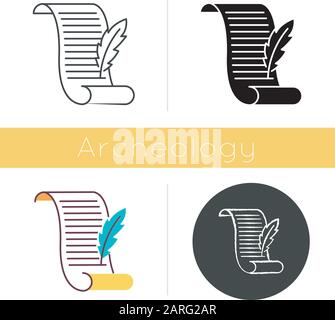 Ancient manuscript icon. Old scroll. Poetry writing. Victorian letter. Antique parchment with quill. Literature. Flat design, linear and color styles. Stock Vector
