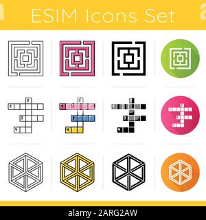 Puzzles and riddles icons set. Maze, labyrinth. Crossword. Optical illusion. Logic games. Mental exercise. Brain teaser. Flat design, linear, black an Stock Vector