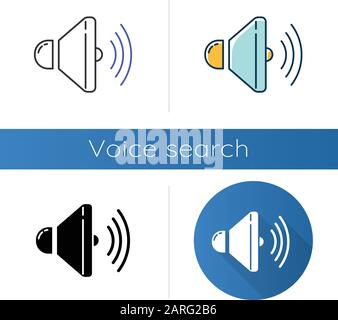 Sound speaker icons set. Volume control idea. Loudspeaker, megaphone. Modern stereo equipment. Sound signal tool, loud noise.Linear, black and color s Stock Vector
