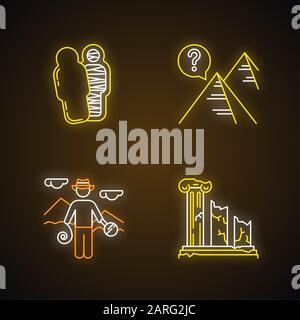 Archeology neon light icons set. Mummy in sarcophagus. Pyramids. Egyptian culture mysteries. Researcher in field. Column ruins. Broken pillars. Glowin Stock Vector