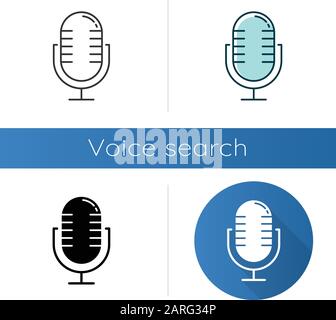 Microphone using modes icons set. Professional music mics. Musical record equipment. Portable audio mikes. Wireless recording device. Linear, black an Stock Vector