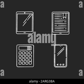 Mobile devices chalk white icons set on black background. Pocket electronic gadgets. Tablet, e-reader, e-book. Smartphone, calculator. Compact digital Stock Vector