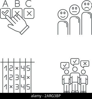 Survey linear icons set. Choosing option. Customer satisfaction level with emoticons. Select number. Mass poll. Thin line contour symbols. Isolated ve Stock Vector