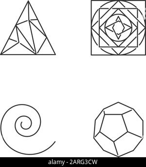 Geometric figures linear icons set. Polygonal triangle. Swirls. Abstract shapes. Dodecahedron. Isometric forms. Thin line contour symbols. Isolated ve Stock Vector
