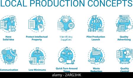 Local production concept icons set. Planning and launching small business. Commercial activity. Company management idea thin line illustrations. Vecto Stock Vector