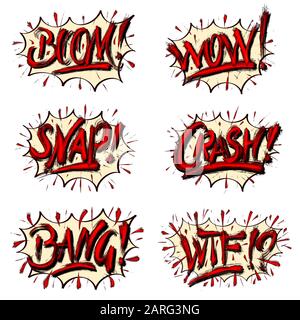 Set of comics speech bubbles explosions illustrations - boom! wow! snap! crash! bang! WTF!? Stock Photo
