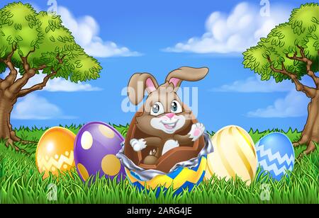 Easter Bunny Rabbit Breaking Chocolate Egg Scene Stock Vector
