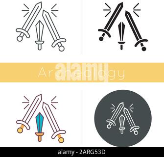 Sword fighting icon. Weapon clashing. Battling and war. Ancient history. Longswords and broadswords. Battlefield. Flat design, linear and color styles Stock Vector