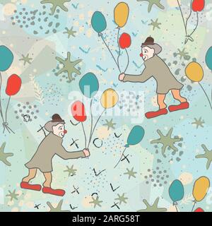 Seamless Pattern with Cute Clowns, air balloons on cute background. Scandinavian Style. Stock Vector