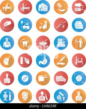 Medical procedure flat design long shadow glyph icons set. Surgery. Endoscopy. Brain scan. Emergency aid. Blood test. Injury treatment. Vision correct Stock Vector