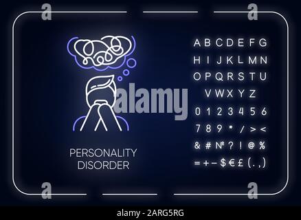 Personality disorder neon light icon. Maladaptive behaviour. Deviation. Mental health issue. Anxiety and distress. Glowing sign with alphabet, numbers Stock Vector