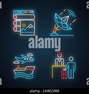Industry types neon light icons set. Professional publishing. Telecommunication and broadcasting. Hospitality industry. Travel services. Plane, ship. Stock Vector