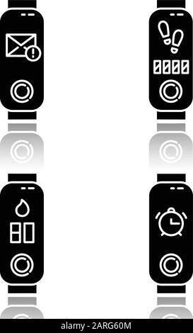 Fitness tracker indicators drop shadow black glyph icons set. Wellness device with step counter and humidity control. Gadget with incoming mail remind Stock Vector