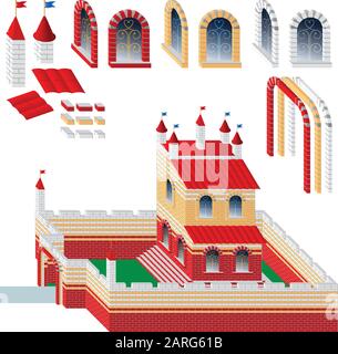 Kit-set of bricks, windows, arches, towers and roof for the construction of toy buildings, castles and objects; Fabulous palace with a fence Stock Vector
