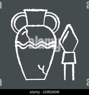 Ancient artifacts chalk icon. Greek amphora. Roman spear. Old culture. Historic discovery. Cracked clay vase. Spartan weapon. Museum items. Large dama Stock Vector