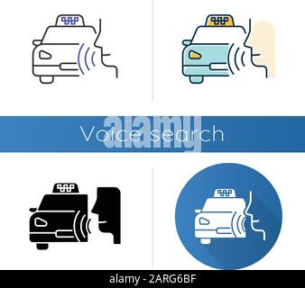 Taxi call icons set. Transport search voice command idea. Sound control, audio order, conversation. Smart virtual assistant. Linear, black and color s Stock Vector