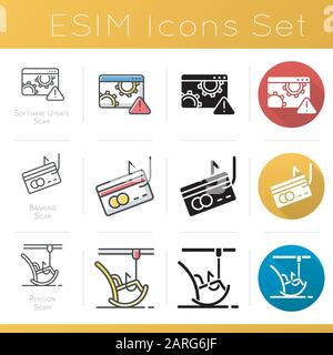 Scam types icons set. Software update trick. Malware. Cybercrime. Banking, pension fraudulent scheme. Illegal money gain. Flat design, linear, black a Stock Vector