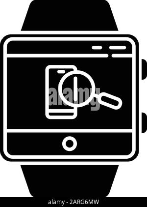 Find phone smartwatch function glyph icon. Silhouette symbol. Showing location of device and locking screen, sound alert. Fitness wristband capability Stock Vector