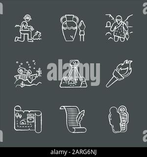 Archeology chalk icons set. Excavation and research. Archeologist. Ancient artifacts. Caveman. Ruins. Filed survey. Flambeau. Treasure map, manuscript Stock Vector