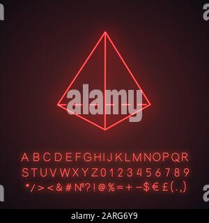 Prism neon light icon. Geometric figure. Triangular pyramid. Decorative element. Abstract shape. Isometric form. Glowing sign with alphabet, numbers a Stock Vector