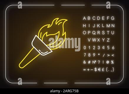 Medieval torch neon light icon. Flambeau. Burning fire. Bright beacon. Flare, bonfire. Ancient olympic sport victory. Glowing sign with alphabet, numb Stock Vector
