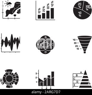 Chart and graph glyph icons set. Temperature map. Vertical histogram. Pie diagram. Funnel chart. Venn diagram. Sunburst. Mixed chart. Pyramid. Silhoue Stock Vector