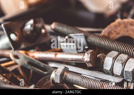 A pile of tools in a drawer that were used. Tools for the job. Stock Photo