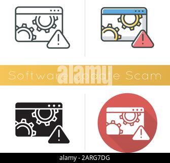 Software update scam icon. Fake system, program upgrade. Malware. Deceptive pop-up ad. Financial fraud. Fraudulent scheme. Flat design, linear and col Stock Vector