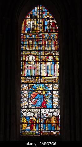 Seventeenth century stained glass depicting Moses, John the Baptist and the Ascension, Dore Abbey Herefordshire UK. Feburary 2019.