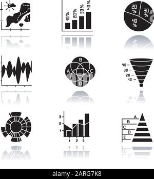 Chart and graph drop shadow black glyph icons set. Temperature map. Vertical histogram. Pie diagram. Funnel chart. Venn diagram. Sunburst graph. Mixed Stock Vector