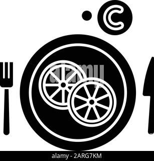 Vitamin C glyph icon. Sliced lemon on plate. Cut fruit. Eat citrus. Common cold precaution. Influenza infection aid. Healthcare. Silhouette symbol. Ne Stock Vector