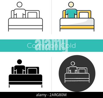 Bed rest icon. Man relaxing under blanket. Common cold aid. Flu help. Healthcare. Leisure and comfort. Person unwell in bedroom. Flat design, linear a Stock Vector