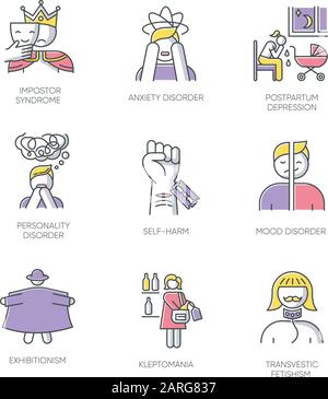 Borderline personality disorder icon set in flat and line style. Mental ...