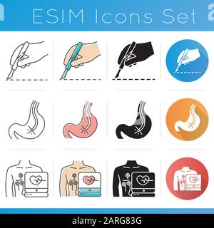 Medical procedure icons set. Surgery cut. Gastroscopy. Electrocardiogram. Pulse rate. Healthcare. Disease diagnosis. Flat design, linear, black and co Stock Vector