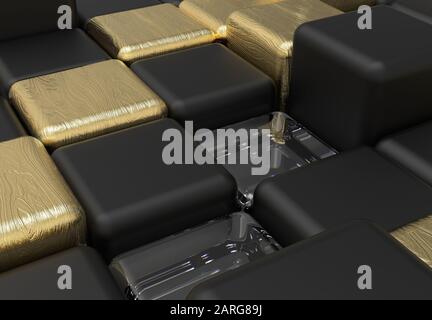 Clear black and gold cubes with wood structure 3d rendering background Stock Photo