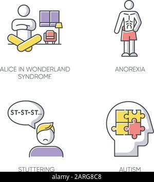 Mental disorder color icons set. Alice in wonderland syndrome. Anorexia. Eating disorder. Underweight body. Stuttering. Speech disorder. Repetition. A Stock Vector
