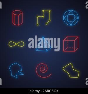 Geometric figures neon light icons set. Prism model. Connected lines. Striped circle. Eternity sign. Pyramid, cube. Abstract shapes. Isometric forms. Stock Vector