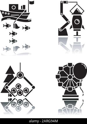Industry types drop shadow black glyph icons set. Fishing, aerospace, timber, entertainment business spheres. Technology development. Goods and servic Stock Vector