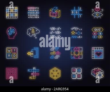 Puzzles and riddles neon light icons set. Mental exercise. Challenge. Language, vocabulary, intelligence test. Brain teaser. Problem solving. Glowing Stock Vector