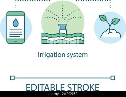 Irrigation system concept icon. Automatic watering plants with smartphone app. Home automation. Farmers technology idea thin line illustration. Vector Stock Vector