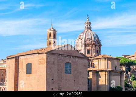 View of Curia Lulia. Also called Senate House, in the ancient city of Rome. It was built in 44 BC, when Julius Caesar replaced Faustus Cornelius Sulla Stock Photo