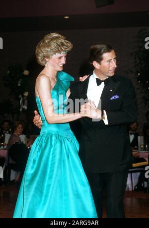 TRH Prince Charles and Princess Diana dancing at The Southern Cross Hotel, Melbourne, Australia October 1985 Stock Photo