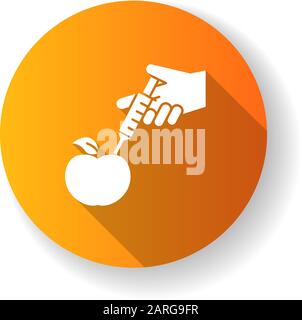 Apple with syringe yellow flat design long shadow glyph icon. Genetically modified food. Organic chemistry. DNA modification. Agricultural technologie Stock Vector