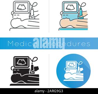 Ultrasound diagnostics icon. Ultrasonography. Medical procedure. Healthcare services. Patient chest examination. Disease treatment. Flat design, linea Stock Vector