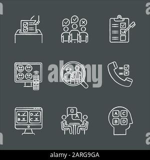 Survey methods chalk icons set. Telephone, online poll. Rating. Interview. Public opinion. Customer satisfaction, review. Feedback. Data collection. S Stock Vector