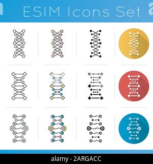 DNA chains icons set. Deoxyribonucleic, nucleic acid helix. Spiraling strands. Chromosome. Molecular biology. Genetic code. Flat design, linear, black Stock Vector