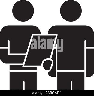 Oral survey glyph icon. Two people Interviewing. Question and answer. Teamwork. Dialogue and talk. Recruiter with employee. Silhouette symbol. Negativ Stock Vector